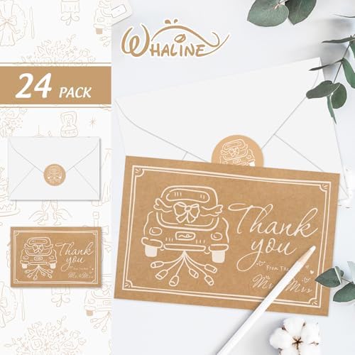 Whaline 24 Pack Wedding Kraft Thank You Cards The New Mr & Mrs Car Cake Thank You Blank Note Card Greeting Cards with Envelope Sticker for Bridal Shower