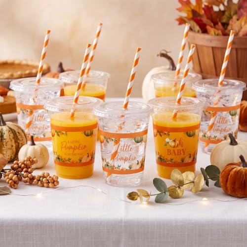 Jingmore 50 Pcs Little Pumpkin Party Disposable Plastic Cups 12 oz with Lids Straws Themed Party Supplies Plastic Tumbler for Birthday Table Decorations Favors(Orange and White)