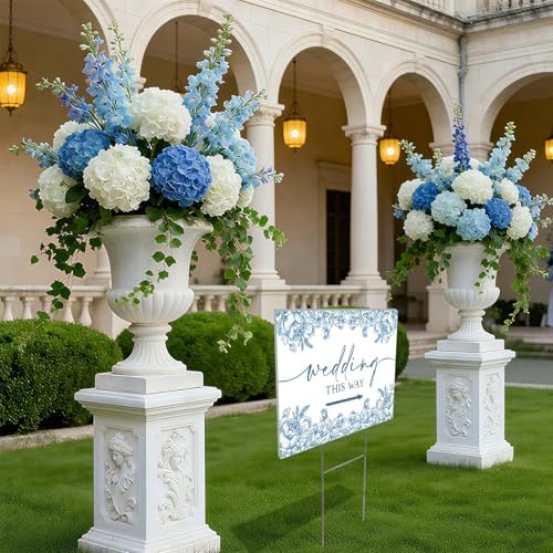 3 Pack 14.5” x 10.5” Wedding This Way Signs Double Sided Printed Wedding Direction Sign with Stakes for Ceremony Reception Lawn Yard Direction Arrow Signs Exquisite Plastic Rainproof Party Supplies,Blue Floral