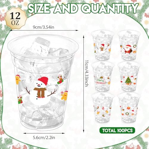 100 Pcs Christmas Party Cups, 12oz Disposable Cups Merry Christmas Disposable Clear Cups Plastic Party Cups for Party Favors Holiday Party Supplies