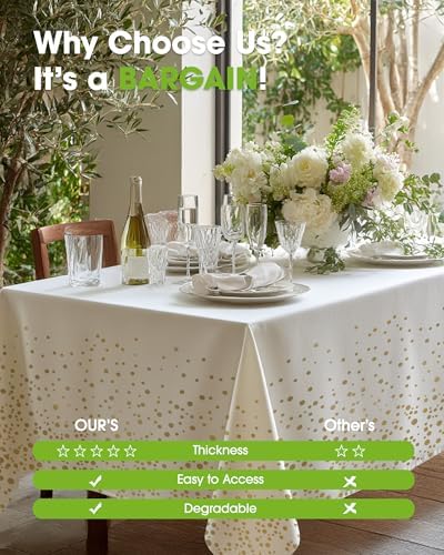 Pureegg Plastic Table Cloth Disposable 8 Pack 54 x 108 Inch, White Gold