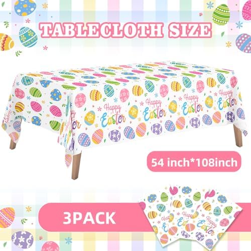 3-Pack Easter Egg Disposable Plastic Tablecloths – 54 x 108 Inch Rectangular Table Covers for Spring Parties and Holiday Decor