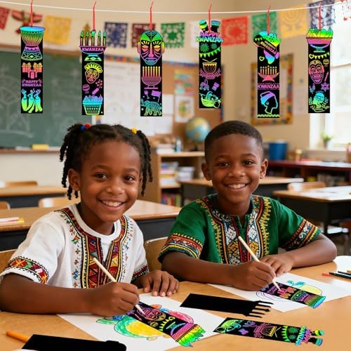 AUGSUN 96Pcs Kwanzaa Scratch Art Bookmarks Crafts for Kids