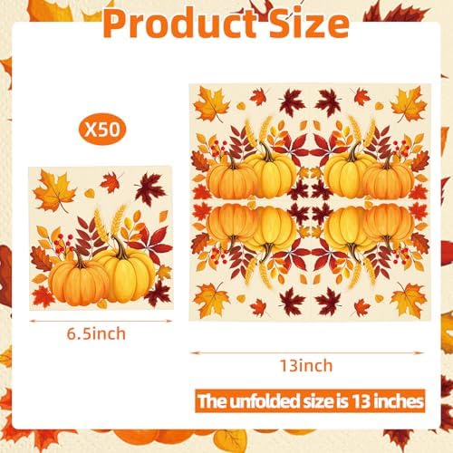 50 Pcs Fall Pumpkin Leaves Paper Napkins Set, 13x13 Inches Unfolded – Disposable Autumn Harvest Cocktail Napkins for Thanksgiving, Friendsgiving, and Fall Party Table Decorations
