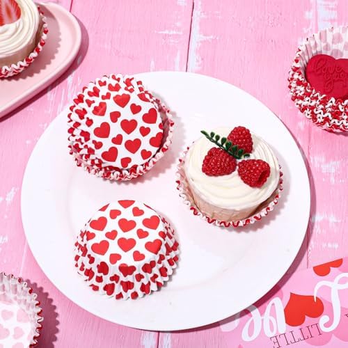 JarThenaAMCS 300 Pcs Valentine Cupcake Liners Red Heart Baking Cups Red White Standard Muffin Cupcake Wrappers For Anniversary Wedding Party Supplies
