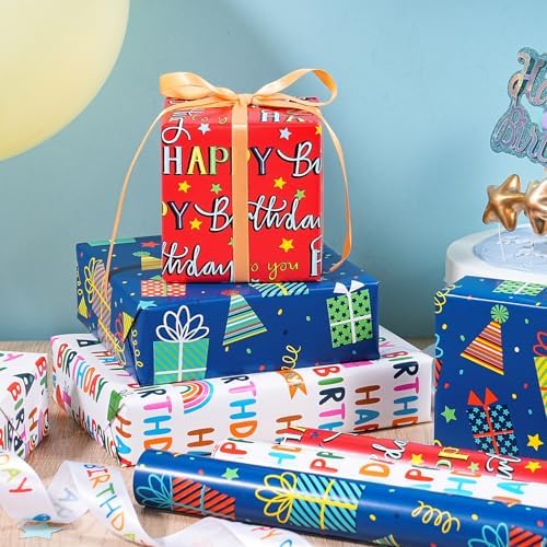 WRAPAHOLIC Birthday Wrapping Paper Roll - 3 Mini Rolls - 17 Inch x 120 Inch Per Roll - Gift Box and Happy Birthday Wrapping Paper for Boys Girls Kids, Baby Shower