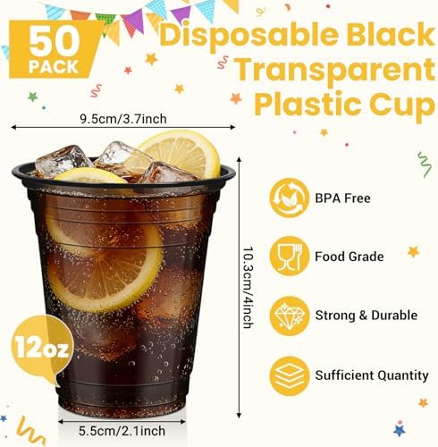 50 Pcs Clear Black Plastic Cups, 12 oz Disposable Cups for Party