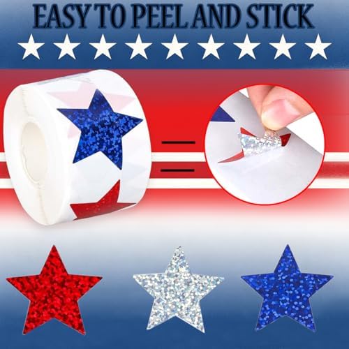 500 Pcs 4th of July Stickers 1In American Patriotic Sticker Fourth of July Label Red White and Blue Laser Glitter Star Sticker for Independence Day Memorial Day Invelope Card Vote Stickers