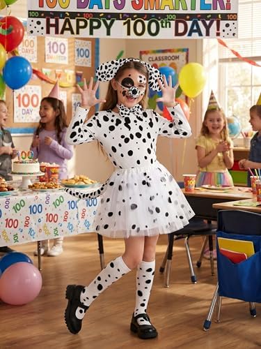 AOTHSO 8 Pieces Halloween Girls Dalmatian Costume Set with Dog Accessories Long Sleeves Tutu Skirt for Kids Cosplay
