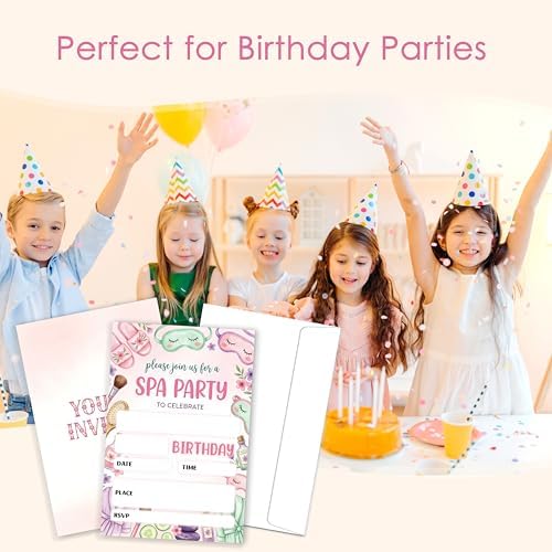 Spa Party Birthday Invitation Girl, Pamper Double-Sided Fill In Style Invites with Envelopes for Birthday, Glam Party Invitation For Girls, Teens, Bday Party Favor & Decoration
