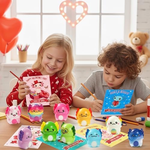 24 PCS Valentines Day Gift Cards with Axolotl Squishy Toys,Valentine's Axolotl Slow Rising Stress Relief Squishies Fidget Toys Bulk for Adults,Valentine's Party Favor
