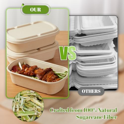 [100% Eco-Friendly] Disposable Food Containers with Lids – Sugarcane Pulp Take Out Boxes, Biodegradable, Compostable, Microwave Safe Lunch Containers – Pack of 50 (24 OZ)