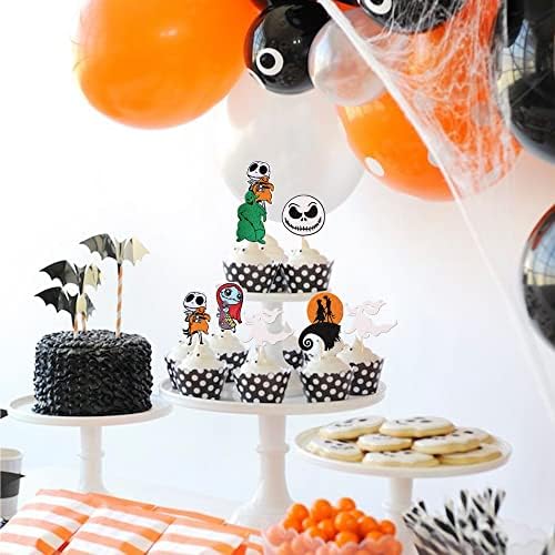 24 PCS Jack Skellington Halloween Cupcake Toppers Glitter Skull Ghost Jack and Sally Cupcake Picks for Nightmare Theme Wedding Anniversary Birthday Party Cake Decorations Supplies