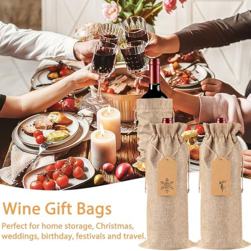 JOICEE 12 Pcs Burlap Wine Bags Christmas Wine Bottle Gift Bags