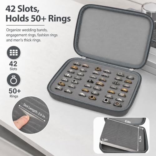 GWCASE Ring Organizer Box, 42-Slot Hard Shell Case, Holds 50+ Pieces, Gray