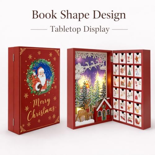 Lighted Wooden Christmas Advent Calendar Book, 24 Drawers