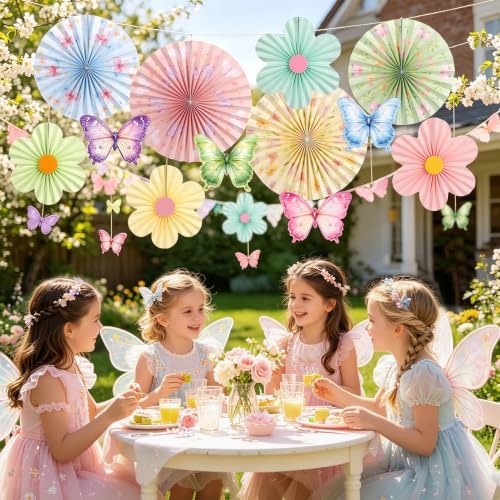 Pastel Paper Flower Butterfly Decoration Pastel Classroom Ceiling Decor Paper Fans Butterfly Party Decorations for Wall Office Classroom Women Birthday Baby Shower Back to School Decor