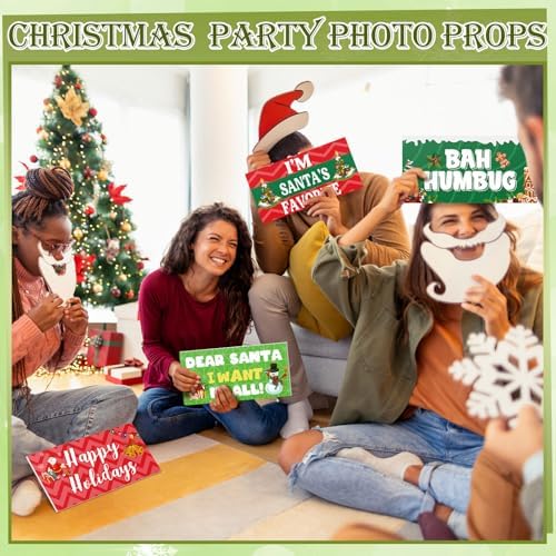 Beeveer 24 Designs Christmas Photo Booth Props, Red and Green Xmas Props