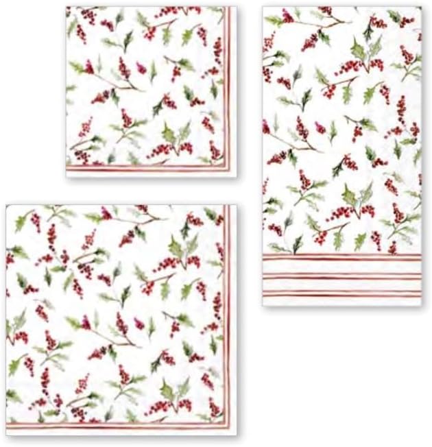 IHR Ideal Home Range Party Napkins Disposable 3-Ply Paper Lunch Napkin Pack, 6.5" x 6.5", Christmas Ilex Berries, 20-Count
