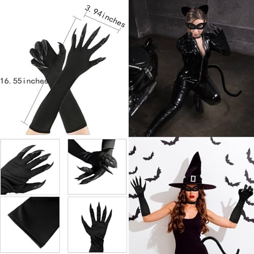 Halloween Cat Costume Accessories for Women, 5PCS Cute Black Cat Mask Ears and Tail Set, CatClaw Gloves Necklace for Adults Party Masquerade Cosplay