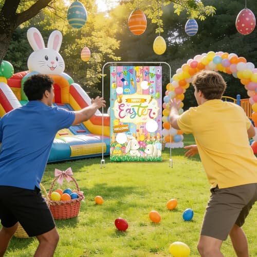 Easter Party Games Set Bean Bag Toss Game for Adults Banner with 4 Bean Bags for Tossing Bunny Egg Easter Party Decoration Indoor Outdoor Festive Decor