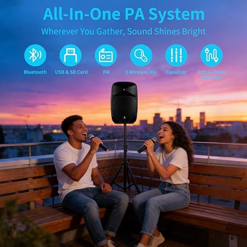 PRORECK Portable 12 Inch 1200W Powered PA/DJ Speaker System with Rechargeable Battery, 2 Wireless Mics, Bluetooth, USB, SD, FM Radio, Remote, Speaker Stand for Parties, Karaoke, speeches, Outdoor