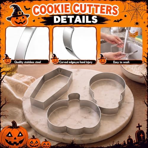 Teenyyou 3 Pcs 7.5 Inch Large Halloween Cookie Cutters Set Extra Large Pumpkin Coffin Skull Shapes Stainless Steel Metal Giant Cookie Cutters Molds for Halloween Day Baking Party Kitchen Accessories