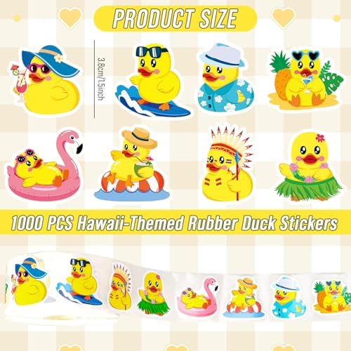 Whaline 1000Pcs Summer Hawaiian Rubber Duck Roll Stickers Self-Adhesive Summer Luau Yellow Duck Label Decals for Envelope Water Bottle Scrapbook Decor Tropical Birthday Party Supplies