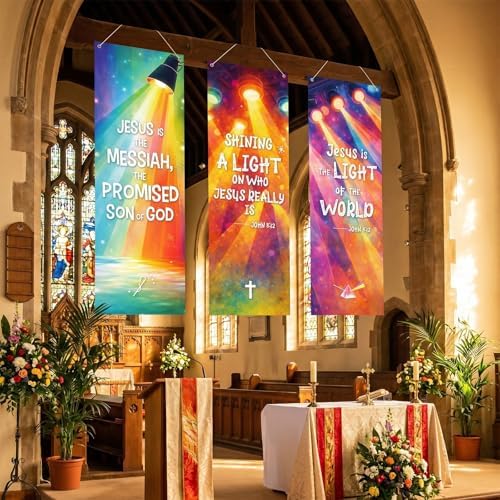 Moukeren 3 Pcs 4 Pcs Church Banners with Scripture Religious Worship Banner Christian Porch Sign Jesus Hanging Backdrops for Spring Summer Indoor Outdoor Sanctuary Wall Decor (Illumination)