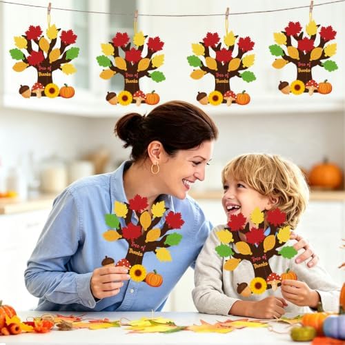 Tree of Thanks Craft Kit 24 Pack Thankful Tree Craft Kits Thanksgiving Hanging Ornament for Kids with Fall Leaves to Write on Classroom Autumn Thankful Art Project Thanksgiving Party Home Decoration