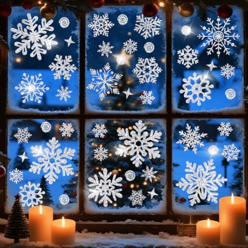 170PCS Glitter Christmas Window Clings Snowflake Window Clings for Glass Windows Silver Snowflake Window Stickers