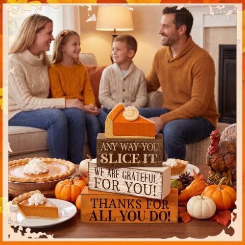 Moucuny 4 Pcs Fall Coffee Table Decor, Grateful Pumpkin Pie Wood Block Sign