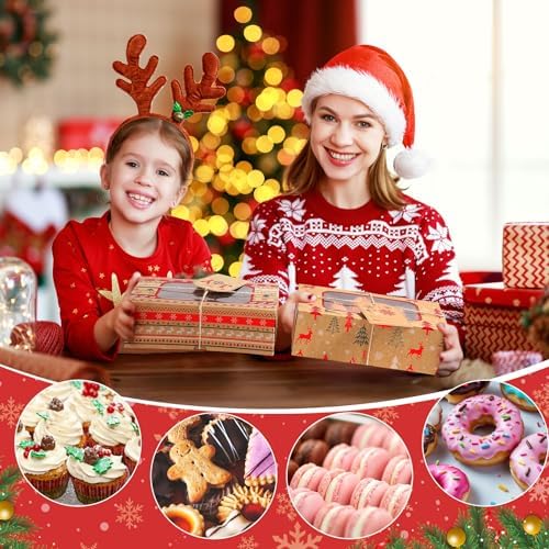 Cinnvoice 24 Pcs Christmas Cookie Boxes with Window Tags Strings,Classic