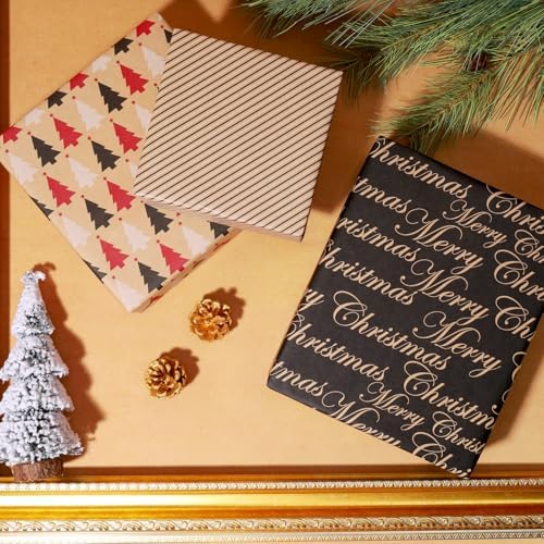 LaRibbons Kraft Christmas Wrapping Paper Set, Elegant Gift Wrap with Trees, Stripes & Merry Christmas, Black & Brown Holiday Paper with Cutlines for Xmas, Party Gifts, 17 inch x 10 ft -3 Rolls