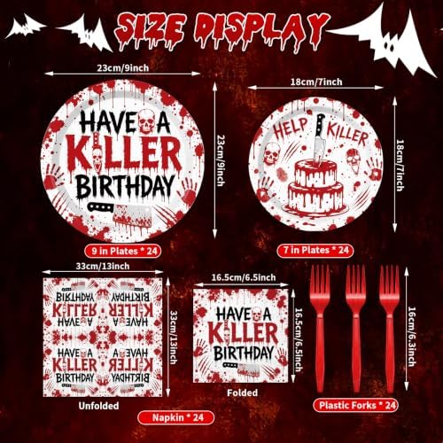96 Pieces Have a Killer Birthday Plates and Napkins, Bloody Hand Disposable Tableware with Paper Plates Napkins and Forks for Halloween Party Supplies, Horror-Themed Birthday Decorations, Serves 24