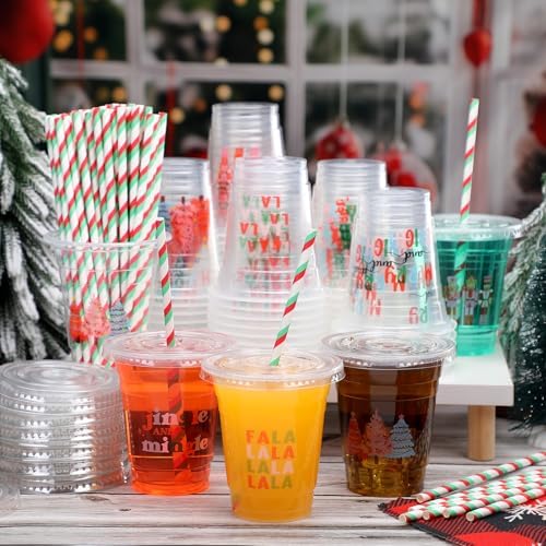 Jingmore 50 Sets Christmas Disposable Plastic Cups with Lids and Straws