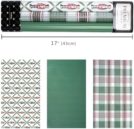 LaRibbons Reversible Plaid Christmas Wrapping Paper Set, Retro Nutcracker