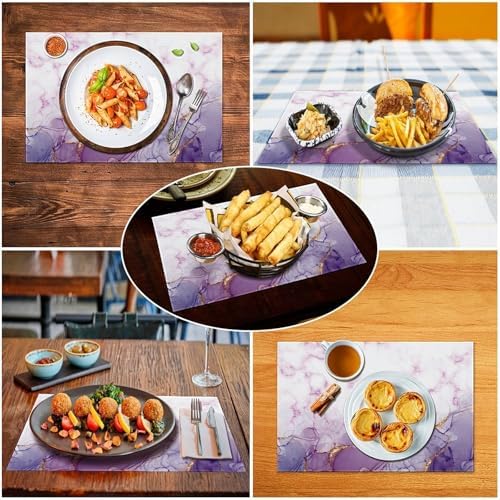 Marble Placemats Set of 6, 12x18 Inch Abstract Purple Modern Marble Pattern Printed Heat Resistant Table Mats for Dining Kitchen Birthday Party Holiday Decor