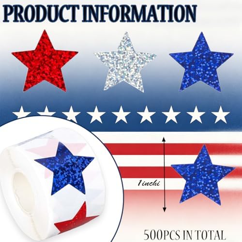 500 Pcs Christmas Stickers Roll 1In Star Sticker Xmas Red White and Blue Laser Glitter Patriotic Star Label for Independence Day Memorial Day Reward Envelope Journal Decor
