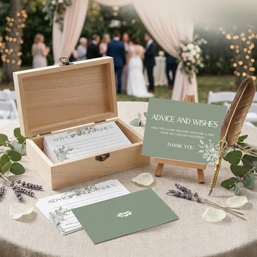 Eucalyptus Advice and Wishes for the Mr and Mrs, 60 Pack Wedding Cards with Keepsake Box for Bridal Shower