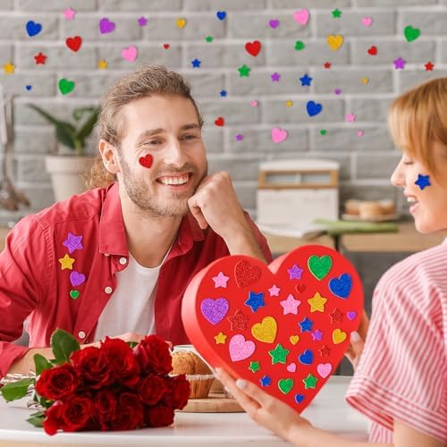 300 PCS Foam Stickers, Colorful Heart Stickers Glitter Star Heart Stickers, Self Adhesive Arts Craft Mini Star Bulk for Valentine Crafts DIY Greeting Card Envelopes Scrapbooking