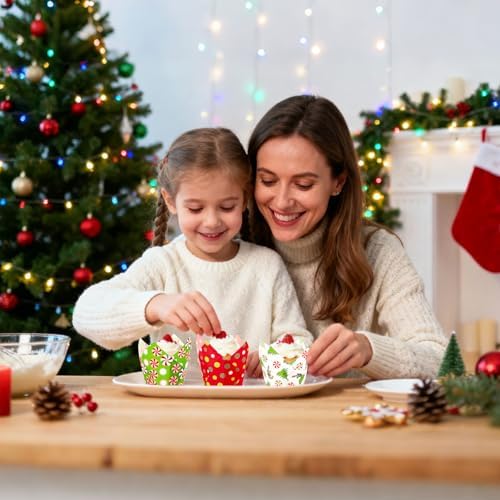 FYSUIMU 200Pcs Christmas Tulip Cupcake Liners Funny Cartoon Character Muffin Baking Cups Xmas Red Green Cupcake Wrappers for Winter Holiday Birthday Wedding Party Supplies Table Decor