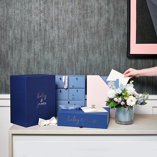 Savor | Deluxe Wedding Keepsake Box with 52 Labels, 6 Drawers, and 8 Vertical Files | Acid-Free Memory Organizer for Wedding Day, Bridal Shower & Anniversary (Slate, Caroline Font)