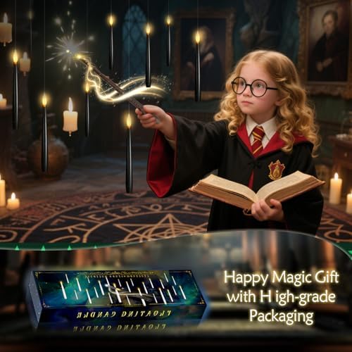 kakoya Flameless Floating Candles with Wand，20 Pcs Magic LED Hanging Taper Candles，Flickering Battery Operated Taper Candle with Wand Remote for Halloween Decorations Best Gift(Black)