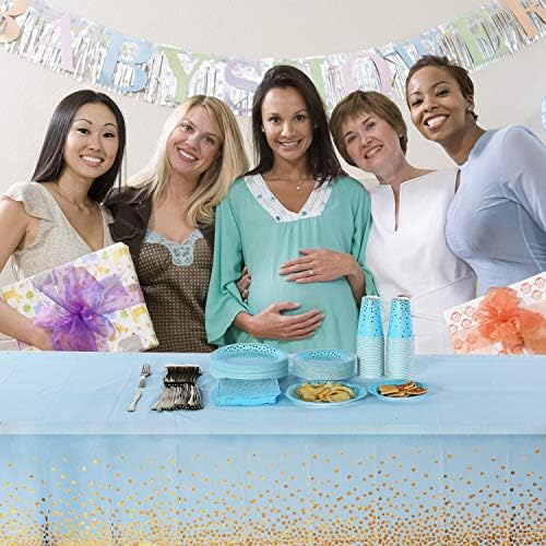 Blue and Gold Party Supplies 145PCS Golden Dot Disposable Party Dinnerware Includes Paper Plates, Napkins, Knives, Forks, Cups, Banner, for Baby Shower, Boy Birthday, Serves 24