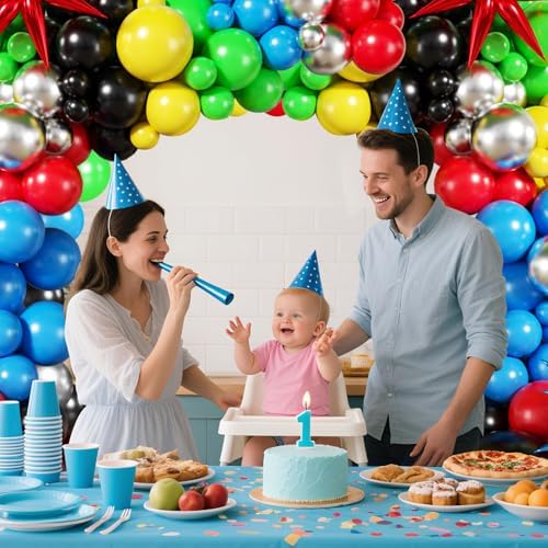 Red Blue Green Yellow Black Balloon Arch Kit, Birthday Decor
