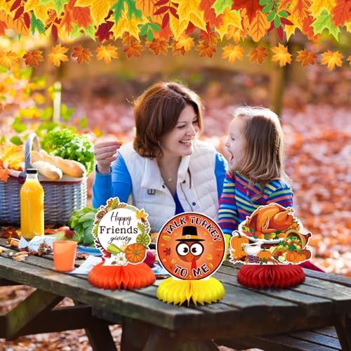 12 Pcs Thanksgiving Party Decoration Friendsgiving Honeycomb Centerpiece Happy Friendsgiving Table Decoration Fall Pumpkin Turkey Gobble Till You Wobble Thanksgiving Table Topper for Party Supplies