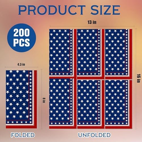 250th Anniversary 4th of July Disposable Paper Napkins, 200 Pcs US Flag Patriotic Red White Blue 2-Ply Luncheon Napkins for America 250th Independence Day Memorial Day Patriotic Party Supplies