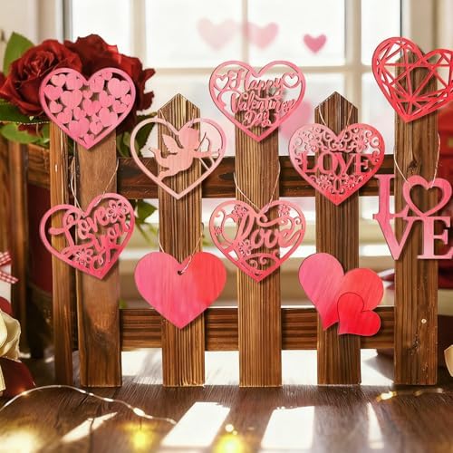 36PCS Wooden Heart Ornaments to Paint Valentine's Day Craft,9 Styles DIY Blank Unfinished Wood Heart Cutouts Ornament for Crafts Spring Tree Hanging Decorations Love