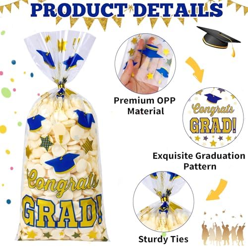 QOIUSO 100 PCS Graduation Cellophane Treat Bags - Congrats Graduates Candy Plastic Clear Goodies Wrapping Bags with 110 PCS Twist Ties for Graduation Day Grad Party Supplies